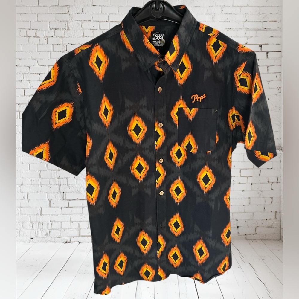PRPS Mens Short Sleeve Summer-Weight ResortWear Sz L 100% Cotton Shirt Blk/Org - Picture 10 of 12
